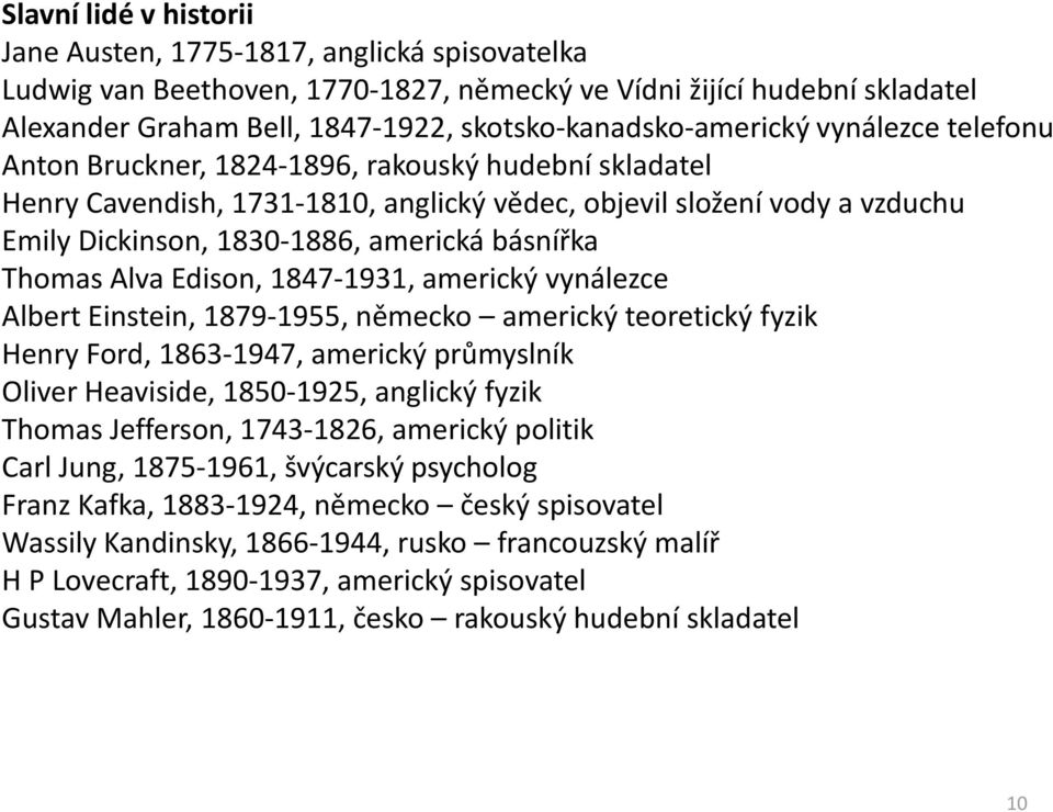 1830-1886, americká básnířka Thomas Alva Edison, 1847-1931, americký vynálezce Albert Einstein, 1879-1955, německo americký teoretický fyzik Henry Ford, 1863-1947, americký průmyslník Oliver