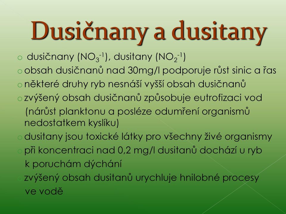 a posléze odumření organismů nedostatkem kyslíku) o dusitany jsou toxické látky pro všechny živé organismy o při