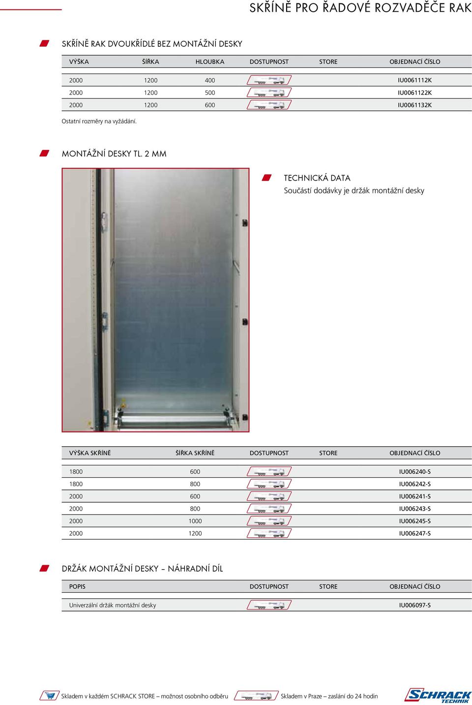 2 MM TECHNICKÁ DATA Součástí dodávky je držák montážní desky VÝŠKA SKŘÍNĚ ŠÍŘKA SKŘÍNĚ DOSTUPNOST STORE OBJEDNACÍ ČÍSLO 1800 600 IU006240-S 1800 800 IU006242-S 2000