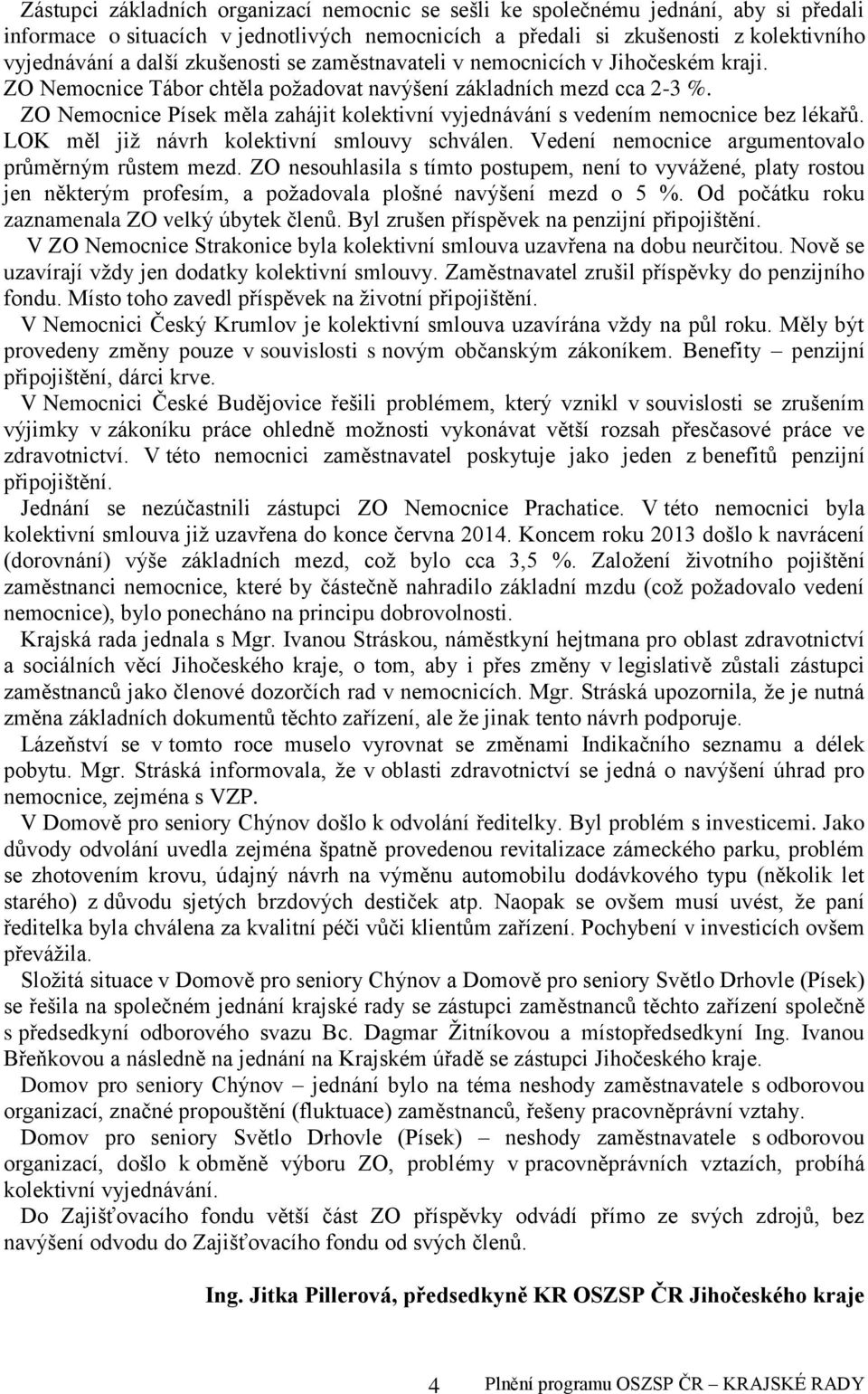 ZO Nemocnice Písek měla zahájit kolektivní vyjednávání s vedením nemocnice bez lékařů. LOK měl již návrh kolektivní smlouvy schválen. Vedení nemocnice argumentovalo průměrným růstem mezd.