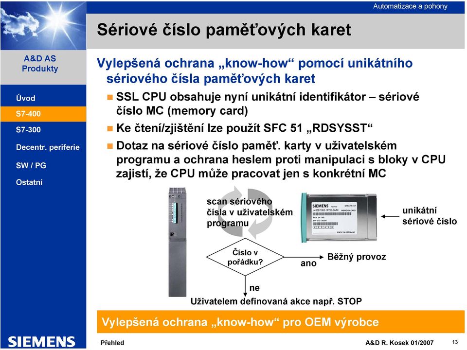 karty v uživatelském programu a ochrana heslem proti manipulaci s bloky v CPU zajistí, že CPU může pracovat jen s konkrétní MC scan sériového