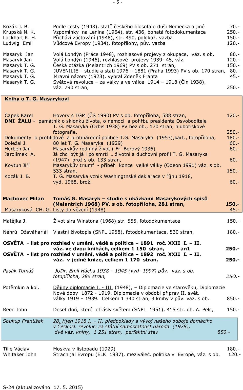 s ob. 80.- Masaryk Jan Volá Londýn (1946), rozhlasové projevy 1939-45, váz. 120.- Masaryk T. G. Česká otázka (Melantrich 1969) PV s ob. 271 stran, 150.- Masaryk T. G. JUVENILIE studie a stati 1976 1881 (Praha 1993) PV s ob.