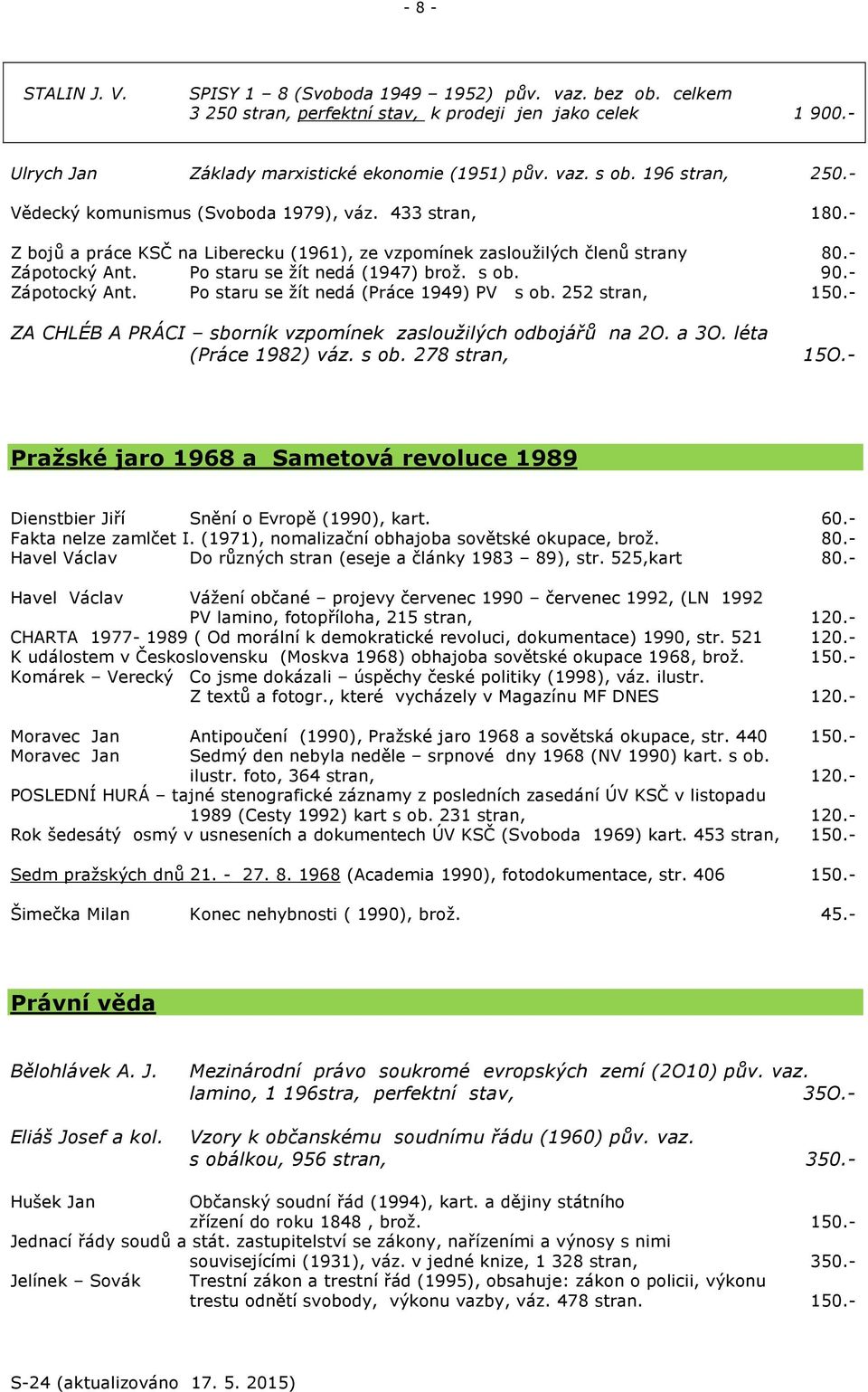 Po staru se žít nedá (1947) brož. s ob. 90.- Zápotocký Ant. Po staru se žít nedá (Práce 1949) PV s ob. 252 stran, 150.- ZA CHLÉB A PRÁCI sborník vzpomínek zasloužilých odbojářů na 2O. a 3O.