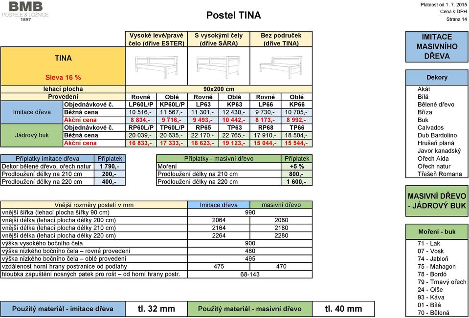 Jádrový buk Běžná cena Příplatky imitace Dekor bělené dřevo, ořech natur Prodloužení délky na 210 cm Prodloužení délky na 220 cm 90x200 cm LP60L/P KP60L/P LP63 KP63 LP66 KP66 10 516,- 11 567,- 11