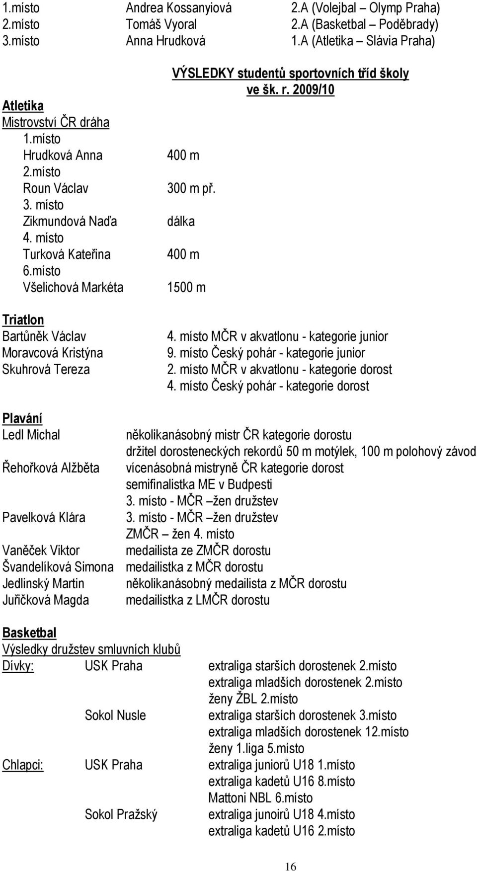 místo Všelichová Markéta Triatlon Bartůněk Václav Moravcová Kristýna Skuhrová Tereza VÝSLEDKY studentů sportovních tříd školy ve šk. r. 2009/10 400 m 300 m př. dálka 400 m 1500 m 4.