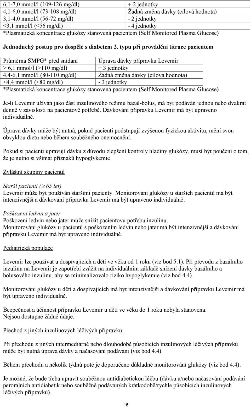 typu při provádění titrace pacientem Průměrná SMPG* před snídaní Úprava dávky přípravku Levemir > 6,1 mmol/l (>110 mg/dl) + 3 jednotky 4,4-6,1 mmol/l (80-110 mg/dl) Žádná změna dávky (cílová hodnota)