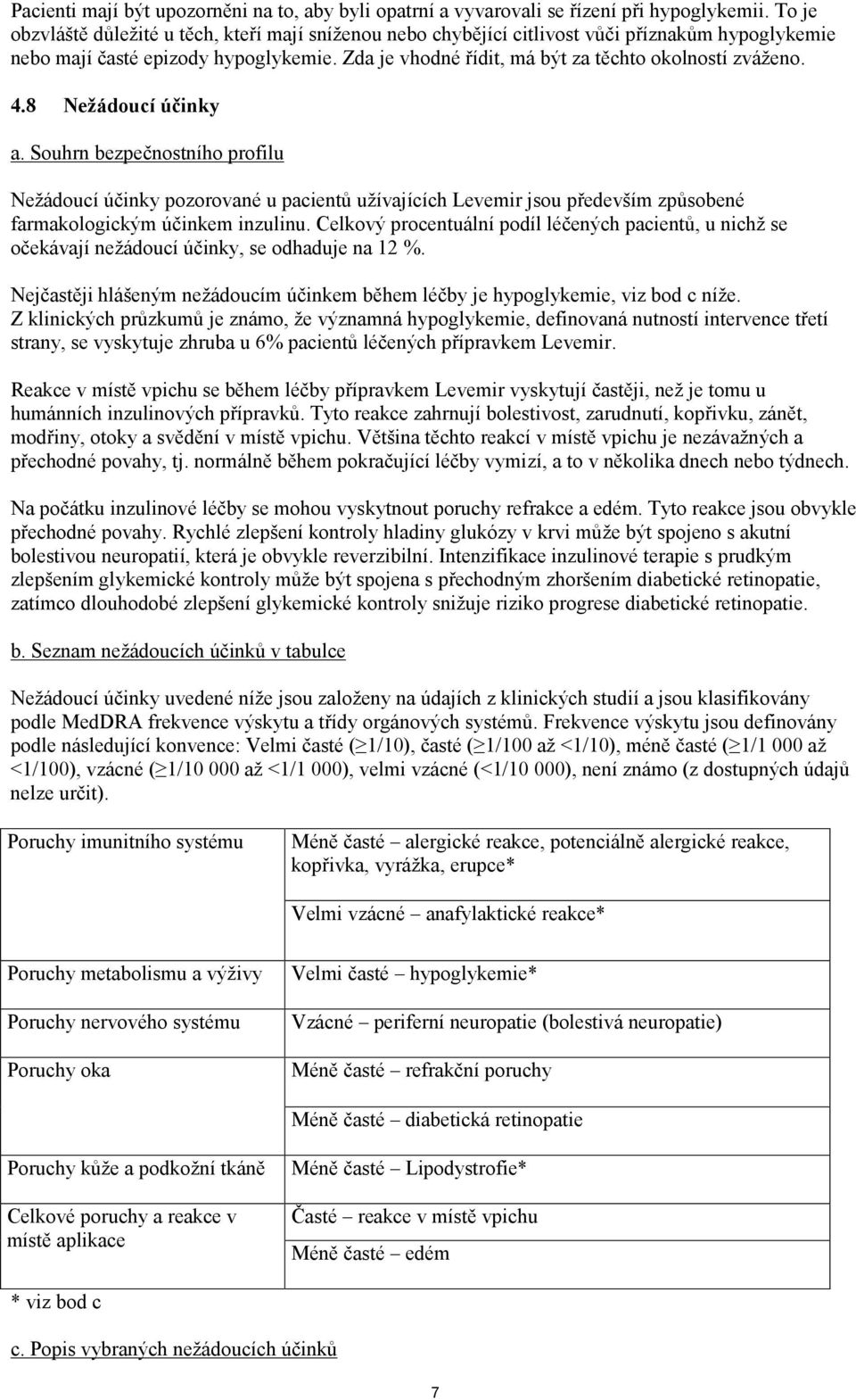 4.8 Nežádoucí účinky a. Souhrn bezpečnostního profilu Nežádoucí účinky pozorované u pacientů užívajících Levemir jsou především způsobené farmakologickým účinkem inzulinu.