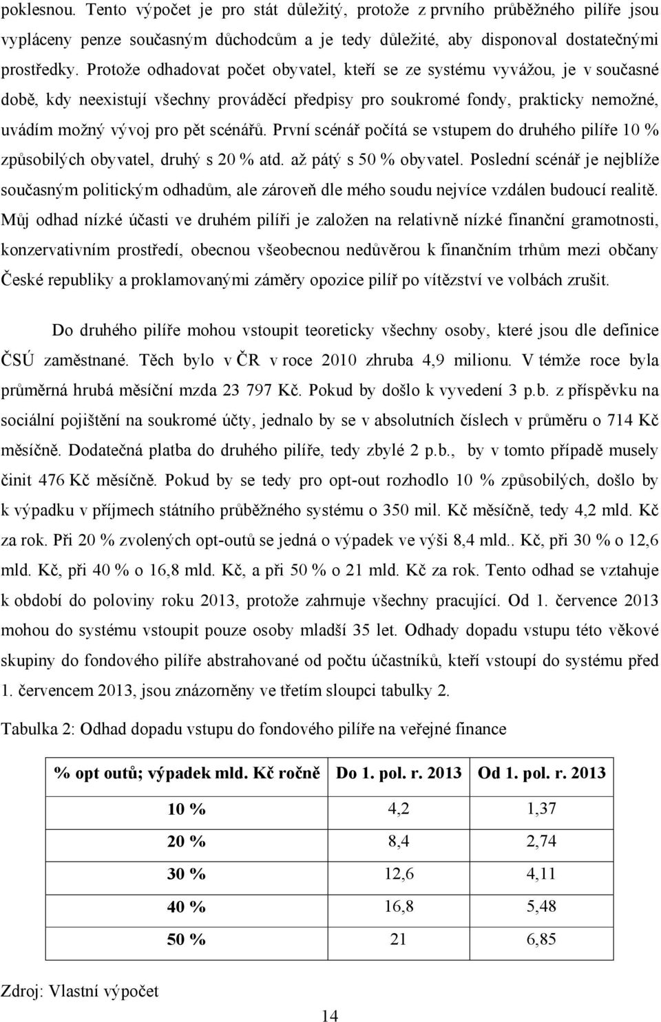 První scénář počítá se vstupem do druhého pilíře 10 % způsobilých obyvatel, druhý s 20 % atd. až pátý s 50 % obyvatel.