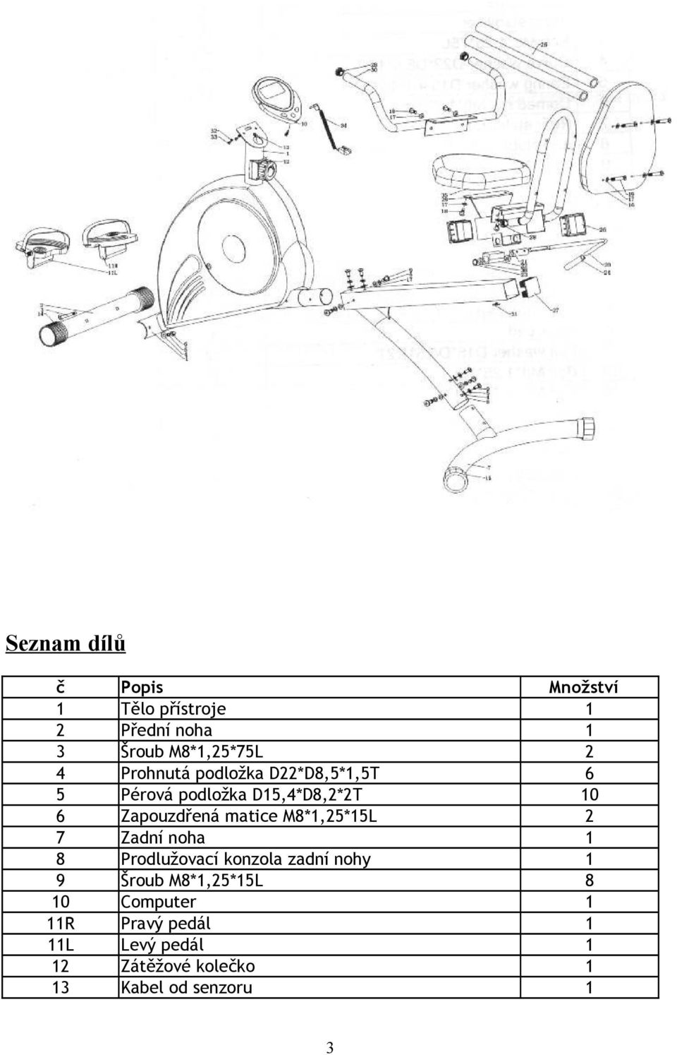 M8*1,25*15L 2 7 Zadní noha 1 8 Prodlužovací konzola zadní nohy 1 9 Šroub M8*1,25*15L 8 10