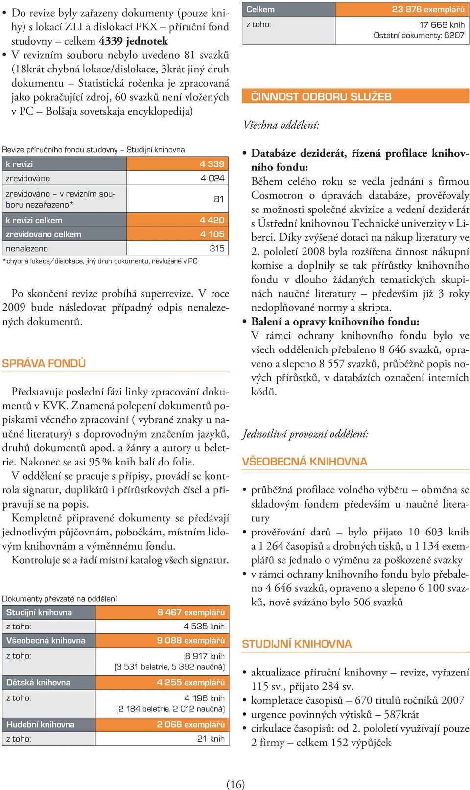 k revizi 4 339 zrevidováno 4 024 zrevidováno v revizním souboru nezařazeno* 81 k revizi celkem 4 420 zrevidováno celkem 4 105 nenalezeno 315 *chybná lokace/dislokace, jiný druh dokumentu, nevložené v