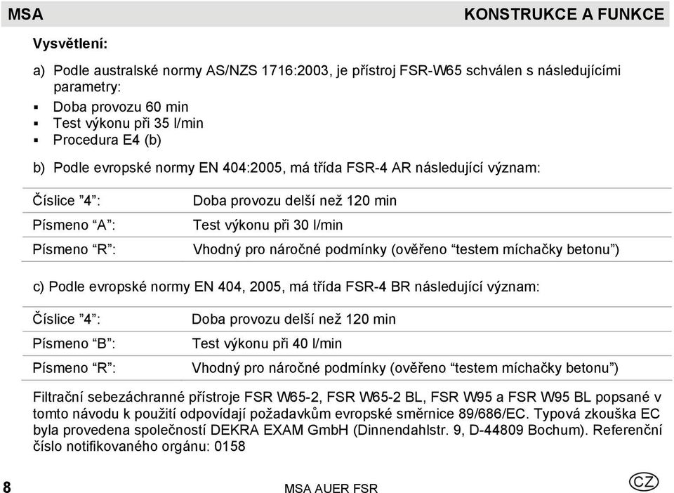 (ověřeno testem míchačky betonu ) c) Podle evropské normy EN 404, 2005, má třída FSR-4 BR následující význam: Číslice 4 : Písmeno B : Písmeno R : Doba provozu delší než 120 min Test výkonu při 40