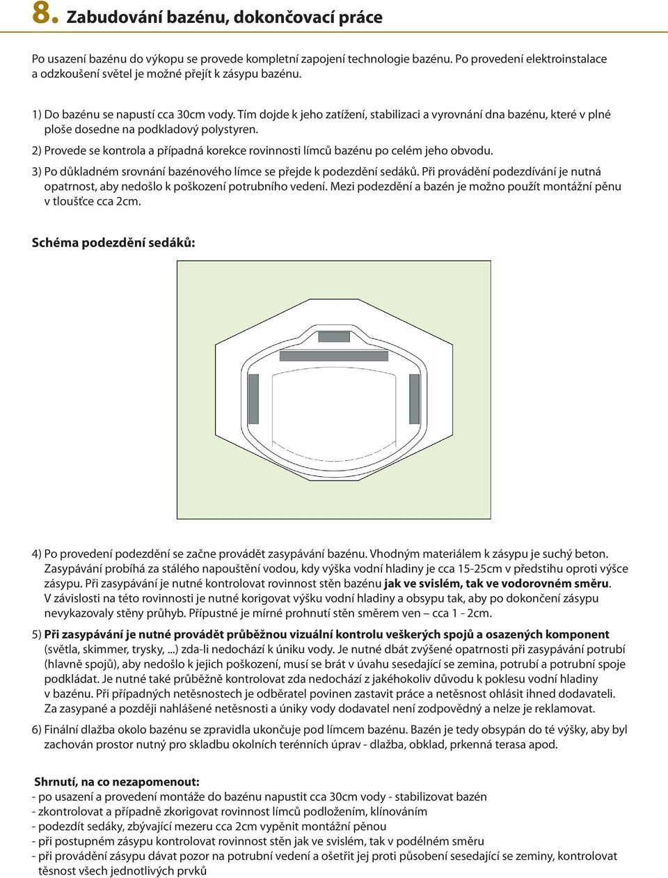 2) Provede se kontrola a případná korekce rovinnosti límců bazénu po celém jeho obvodu. 3) Po důkladném srovnání bazénového límce se přejde k podezdění sedáků.