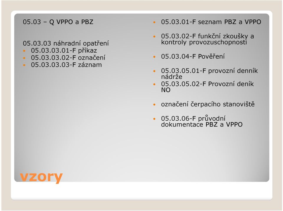 03.04-F Pověření 05.03.05.01-F provozní denník nádrže 05.03.05.02-F Provozní deník NO označení čerpacího stanoviště 05.