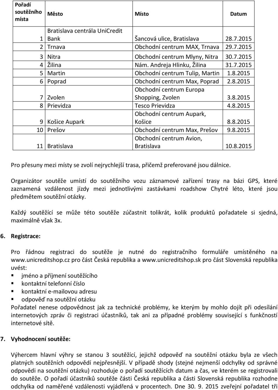 8.2015 8 Prievidza Tesco Prievidza 4.8.2015 9 Košice Aupark Obchodní centrum Aupark, Košice 8.8.2015 10 Prešov Obchodní centrum Max, Prešov 9.8.2015 11 Bratislava Obchodní centrum Avion, Bratislava 10.