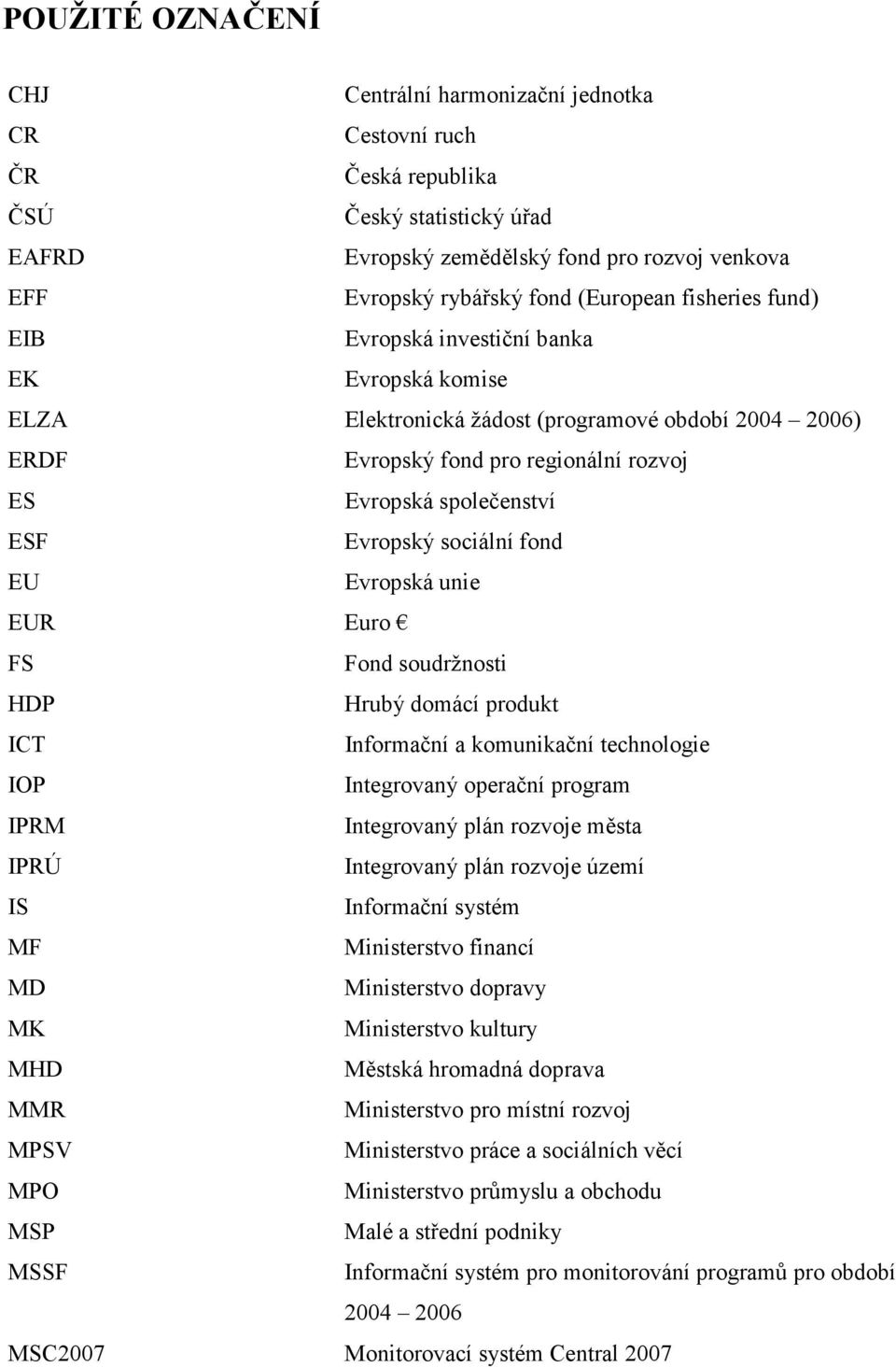 Evropský sociální fond EU Evropská unie EUR Euro FS Fond soudržnosti HDP Hrubý domácí produkt ICT Informační a komunikační technologie IOP Integrovaný operační program IPRM Integrovaný plán rozvoje