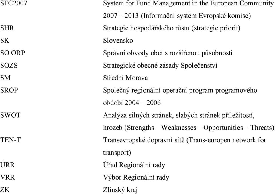 Střední Morava Společný regionální operační program programového období 2004 2006 Analýza silných stránek, slabých stránek příležitostí, hrozeb