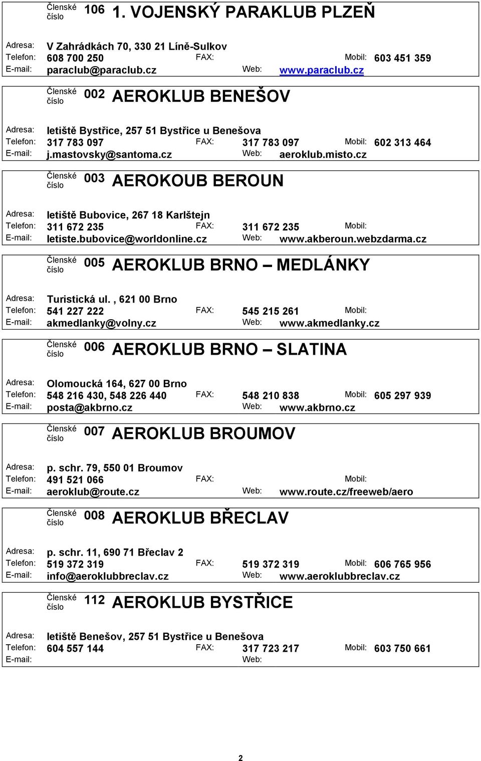 cz 003 AEROKOUB BEROUN Adresa: letiště Bubovice, 267 18 Karlštejn Telefon: 311 672 235 FAX: 311 672 235 Mobil: letiste.bubovice@worldonline.cz www.akberoun.webzdarma.