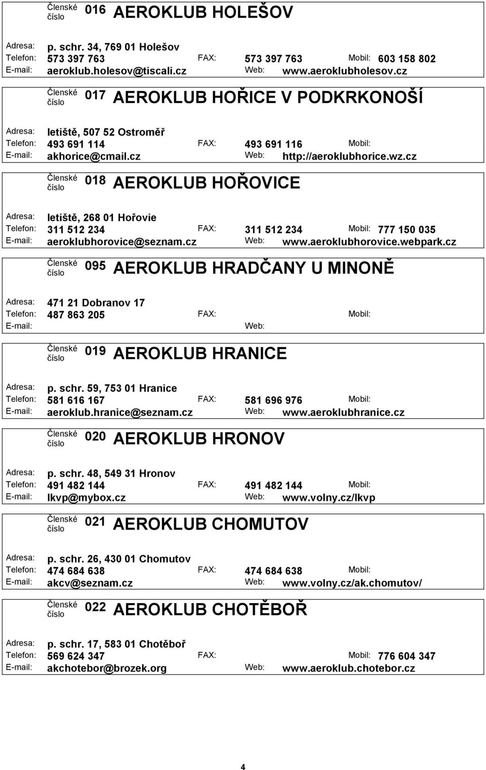 cz 018 AEROKLUB HOŘOVICE Adresa: letiště, 268 01 Hořovie Telefon: 311 512 234 FAX: 311 512 234 Mobil: 777 150 035 aeroklubhorovice@seznam.cz www.aeroklubhorovice.webpark.