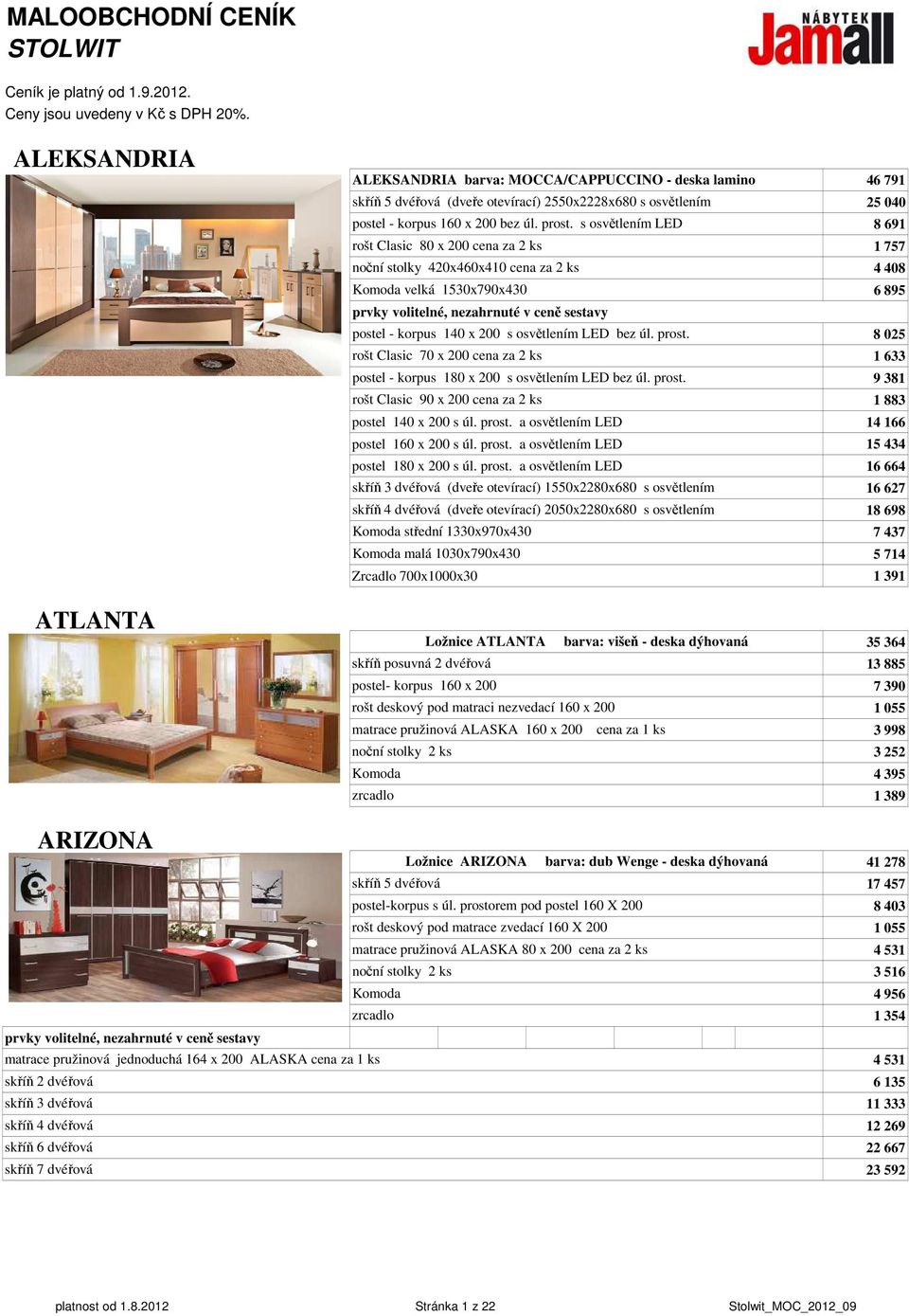 s osvětlením LED 8 691 rošt Clasic 80 x 200 cena za 2 ks noční stolky 420x460x410 cena za 2 ks 4 408 velká 1530x790x430 6 895 postel - korpus 140 x 200 s osvětlením LED bez úl. prost.