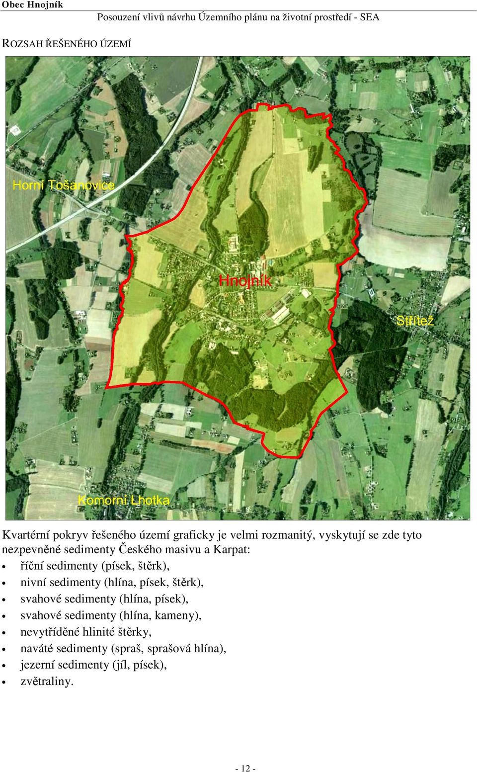 (hlína, písek, štěrk), svahové sedimenty (hlína, písek), svahové sedimenty (hlína, kameny), nevytříděné