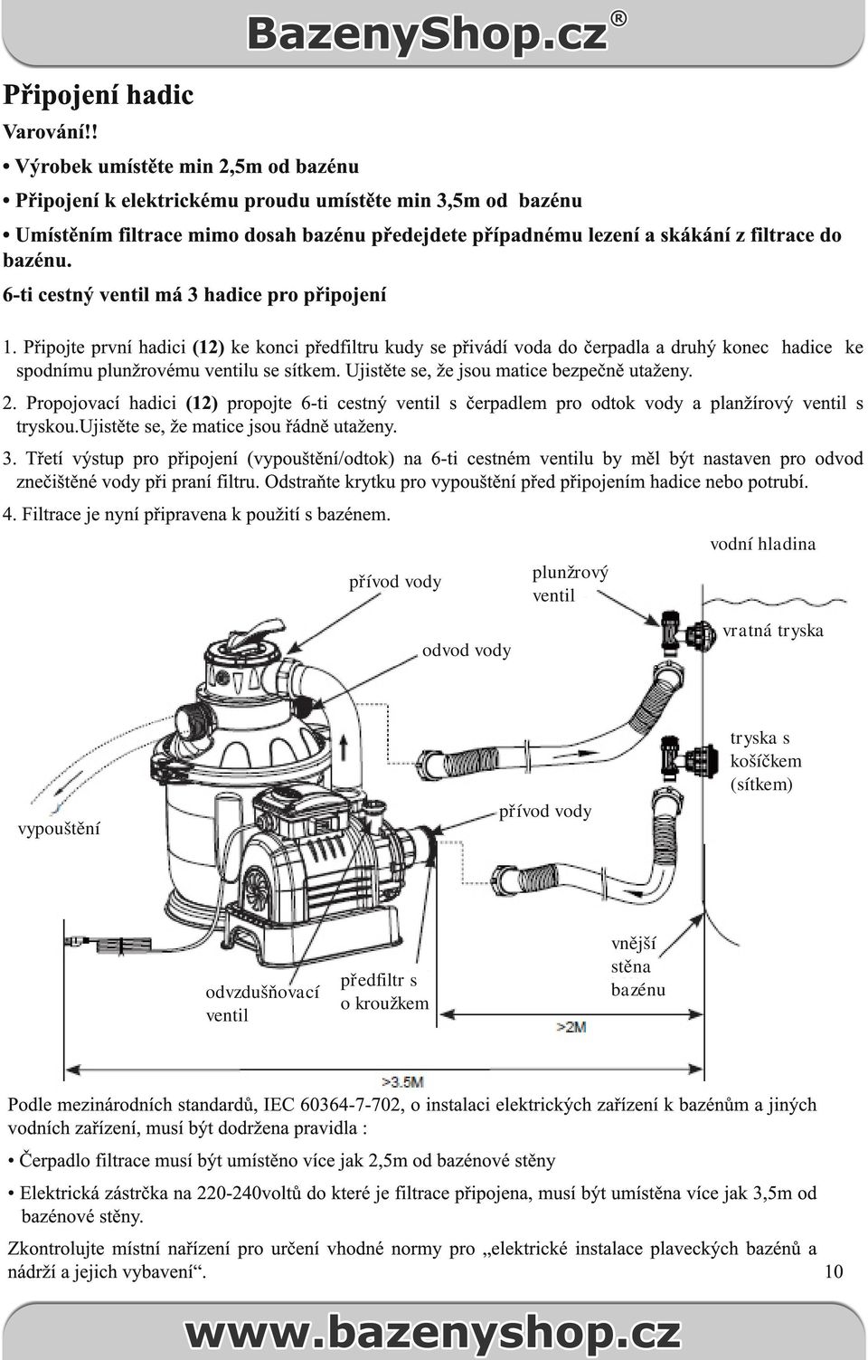 6-ti cestný ventil má 3 hadice pro připojení 1. Připojte první hadici (12) ke konci předfiltru kudy se přivádí voda do čerpadla a druhý konec hadice ke spodnímu plunžrovému ventilu se sítkem.