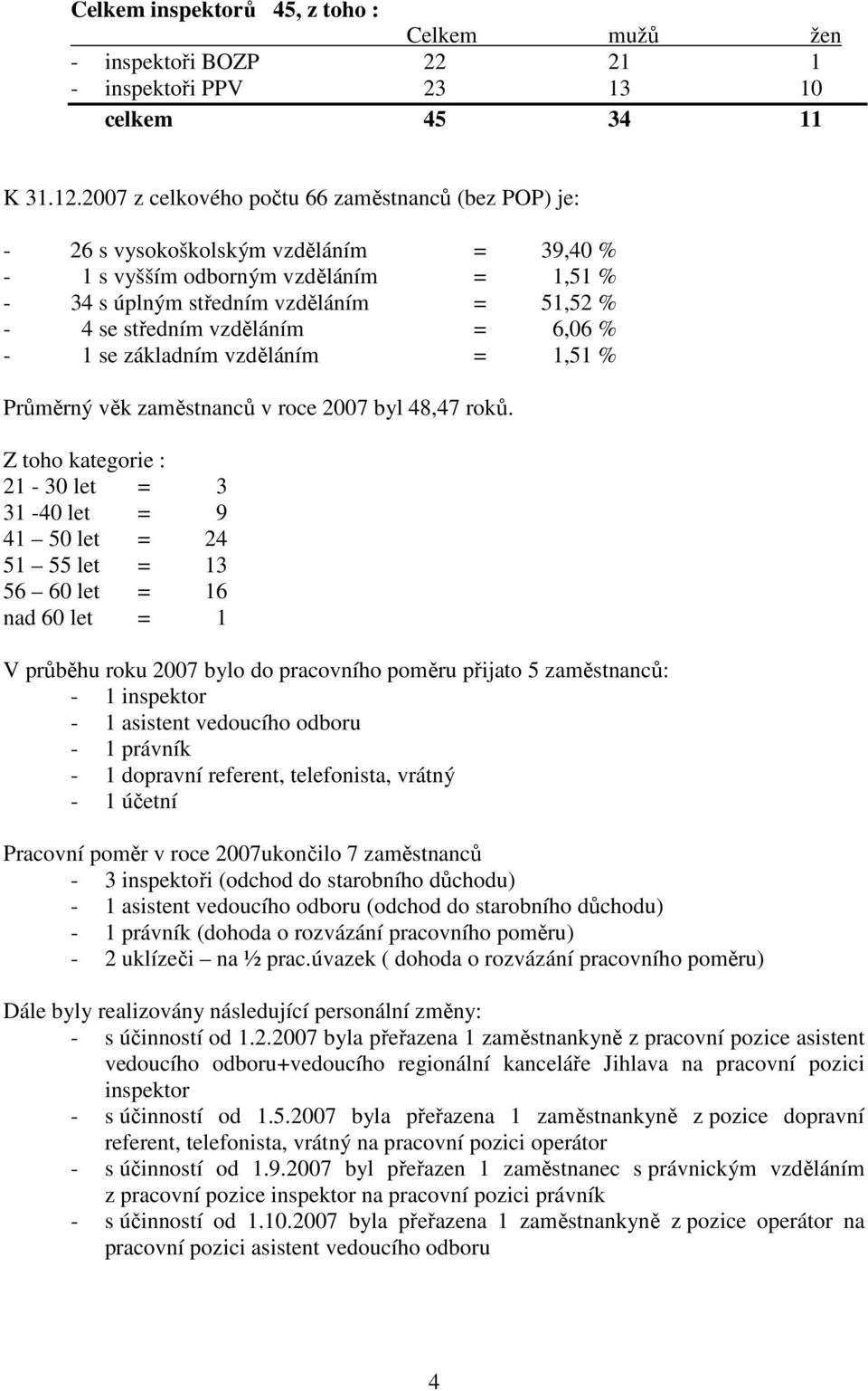 vzděláním = 6,06 % - 1 se základním vzděláním = 1,51 % Průměrný věk zaměstnanců v roce 2007 byl 48,47 roků.