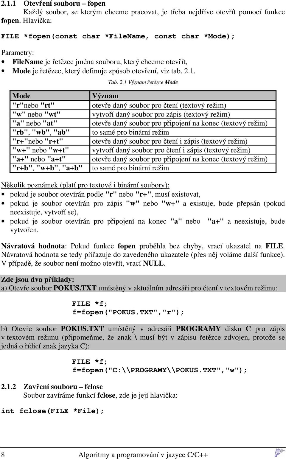 2.1 Význam řetězce Mode Mode "r"nebo "rt" "w" nebo "wt" "a" nebo "at" "rb", "wb", "ab" "r+"nebo "r+t" "w+" nebo "w+t" "a+" nebo "a+t" "r+b", "w+b", "a+b" Význam otevře daný soubor pro čtení (textový