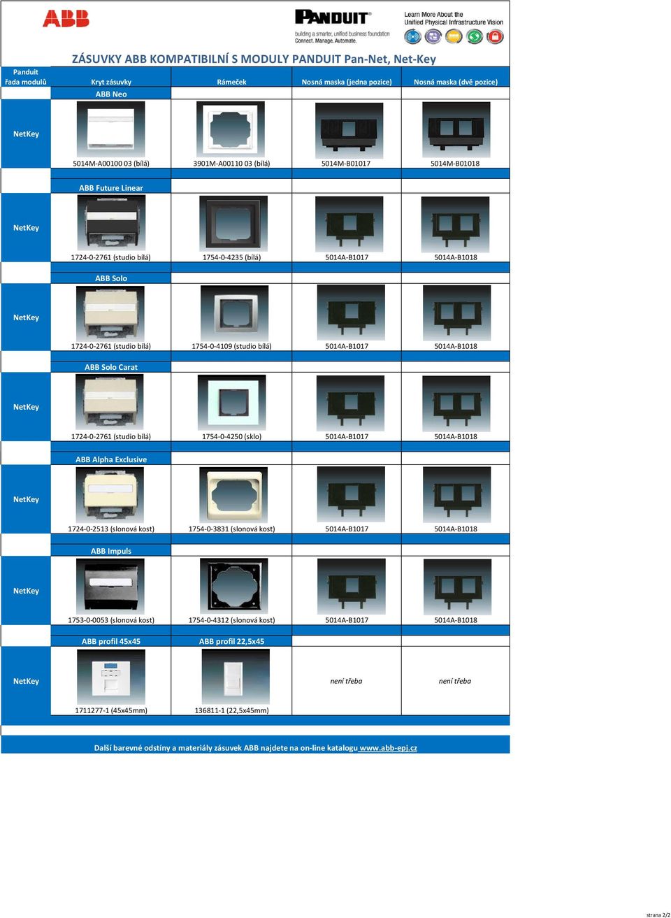 ABB Solo Carat 1724-0-2761 (studio bílá) 1754-0-4250 (sklo) 5014A-B1017 5014A-B1018 ABB Alpha Exclusive 1724-0-2513 (slonová kost) 1754-0-3831 (slonová kost) 5014A-B1017 5014A-B1018 ABB Impuls