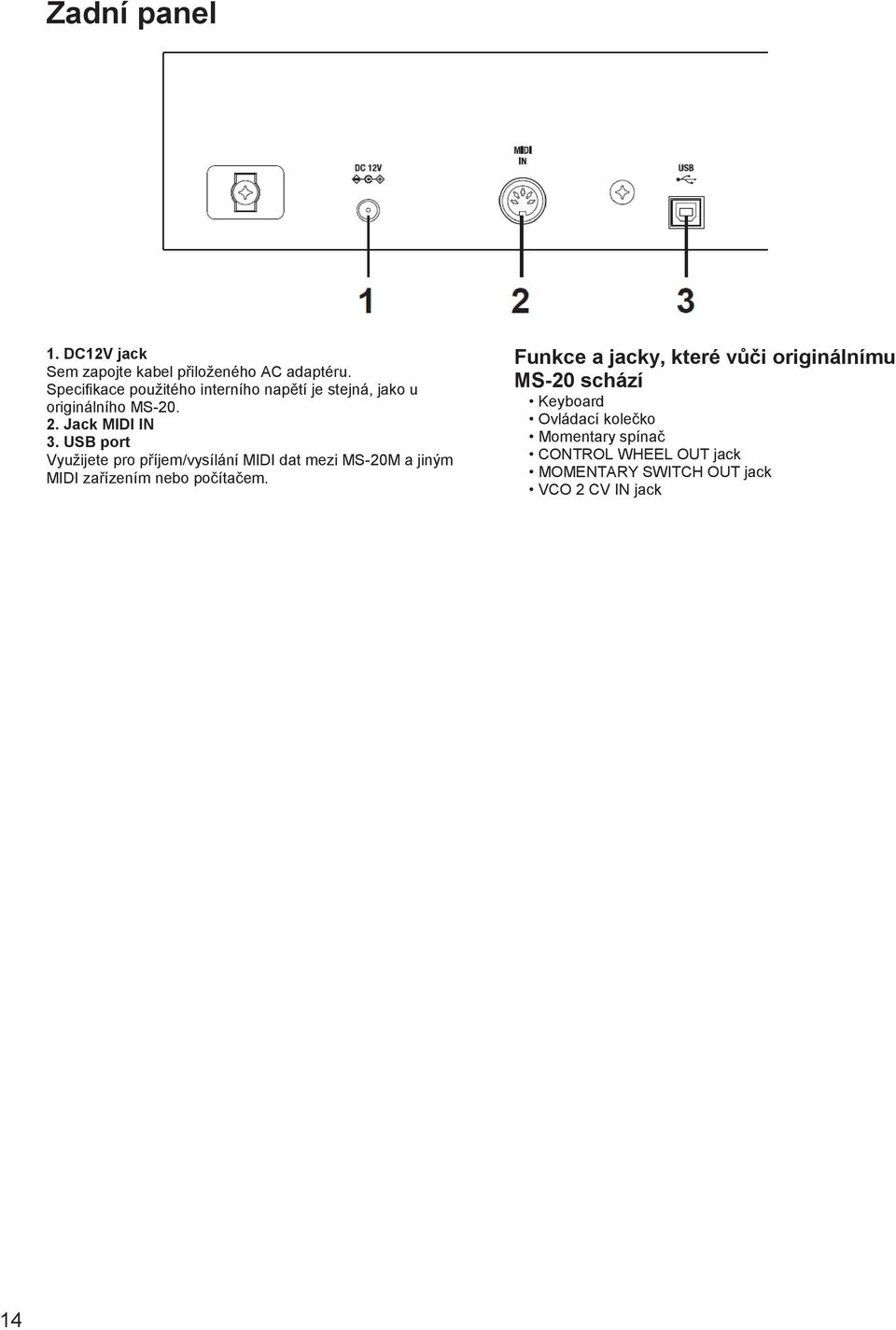 USB port Využijete pro příjem/vysílání MIDI dat mezi MS-20M a jiným MIDI zařízením nebo počítačem.