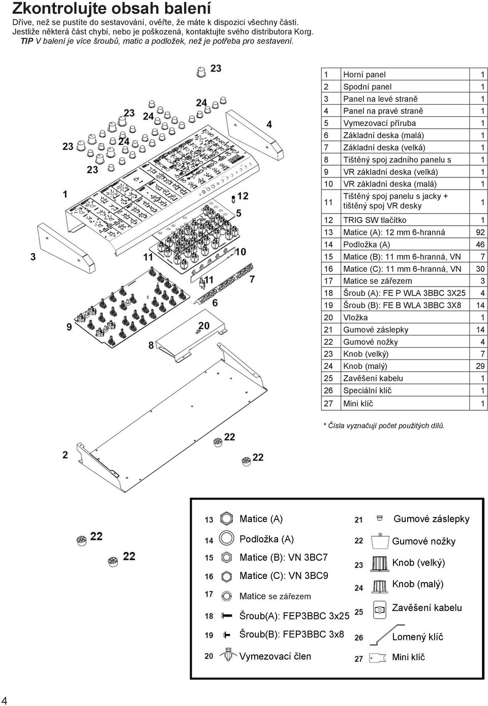 1 Horní panel 1 2 Spodní panel 1 3 Panel na levé straně 1 4 Panel na pravé straně 1 5 Vymezovací příruba 1 6 Základní deska (malá) 1 7 Základní deska (velká) 1 8 Tištěný spoj zadního panelu s 1 9