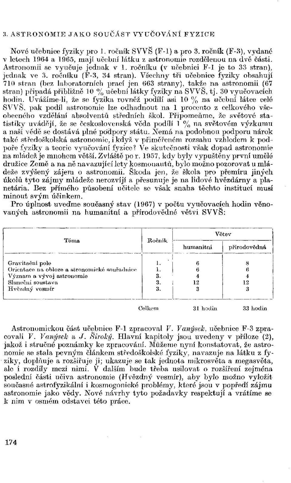 Všechny tři učebnice fyziky obsahují 710 stran (bez laboratorních prací jen 663 strany), takže na astronomii (67 stran) připadá přibližně 10 % učební látky fyziky na SVVŠ, tj. 30 vyučovacích hodin.