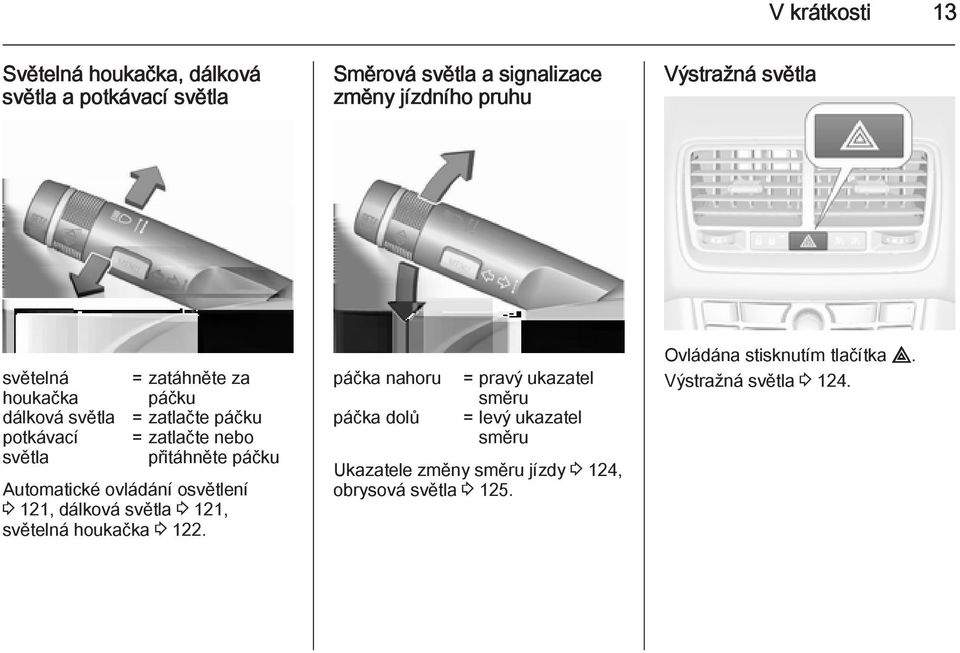 Automatické ovládání osvětlení 3 121, dálková světla 3 121, světelná houkačka 3 122.