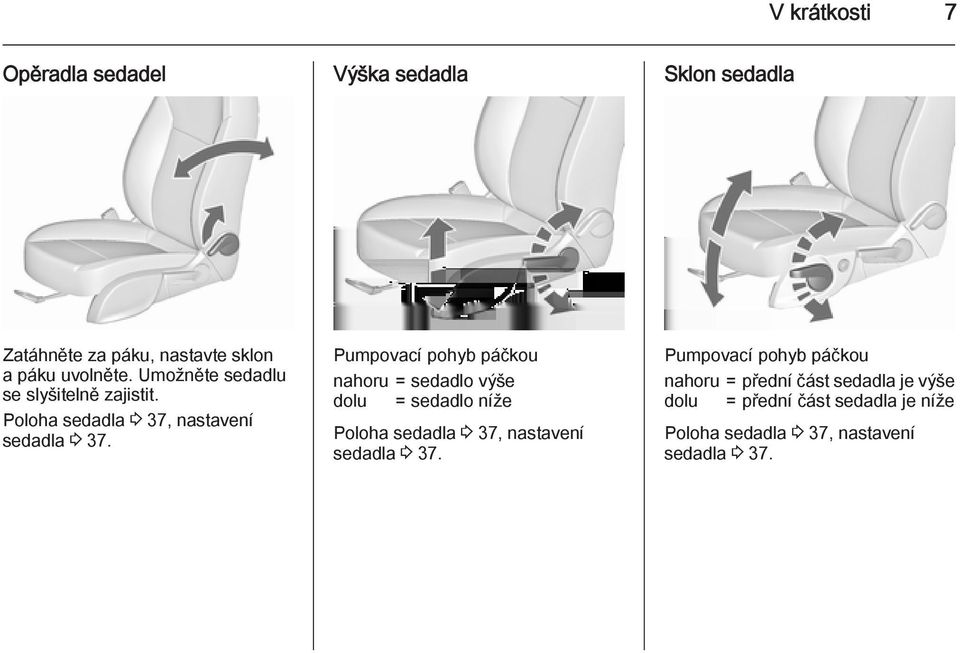 Pumpovací pohyb páčkou nahoru = sedadlo výše dolu = sedadlo níže Poloha sedadla 3 37, nastavení sedadla 3 37.