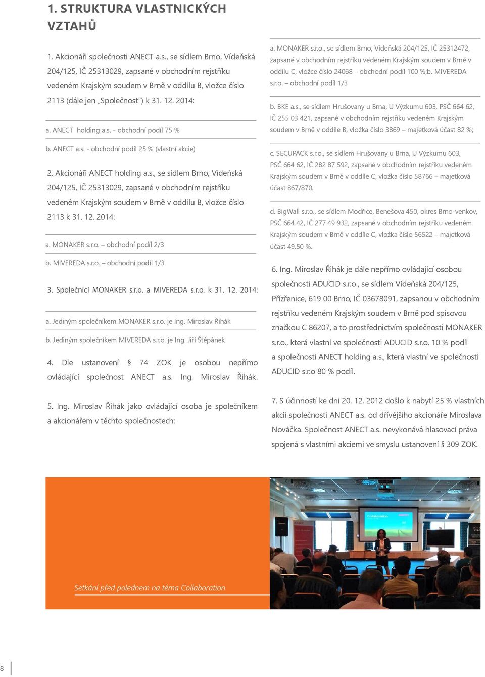 2014: a. ANECT holding a.s. - obchodní podíl 75 % b. ANECT a.s. - obchodní podíl 25 % (vlastní akcie) 2. Akcionáři ANECT holding a.s., se sídlem Brno, Vídeňská 204/125, IČ 25313029, zapsané v obchodním rejstříku vedeném Krajským soudem v Brně v oddílu B, vložce číslo 2113 k 31.