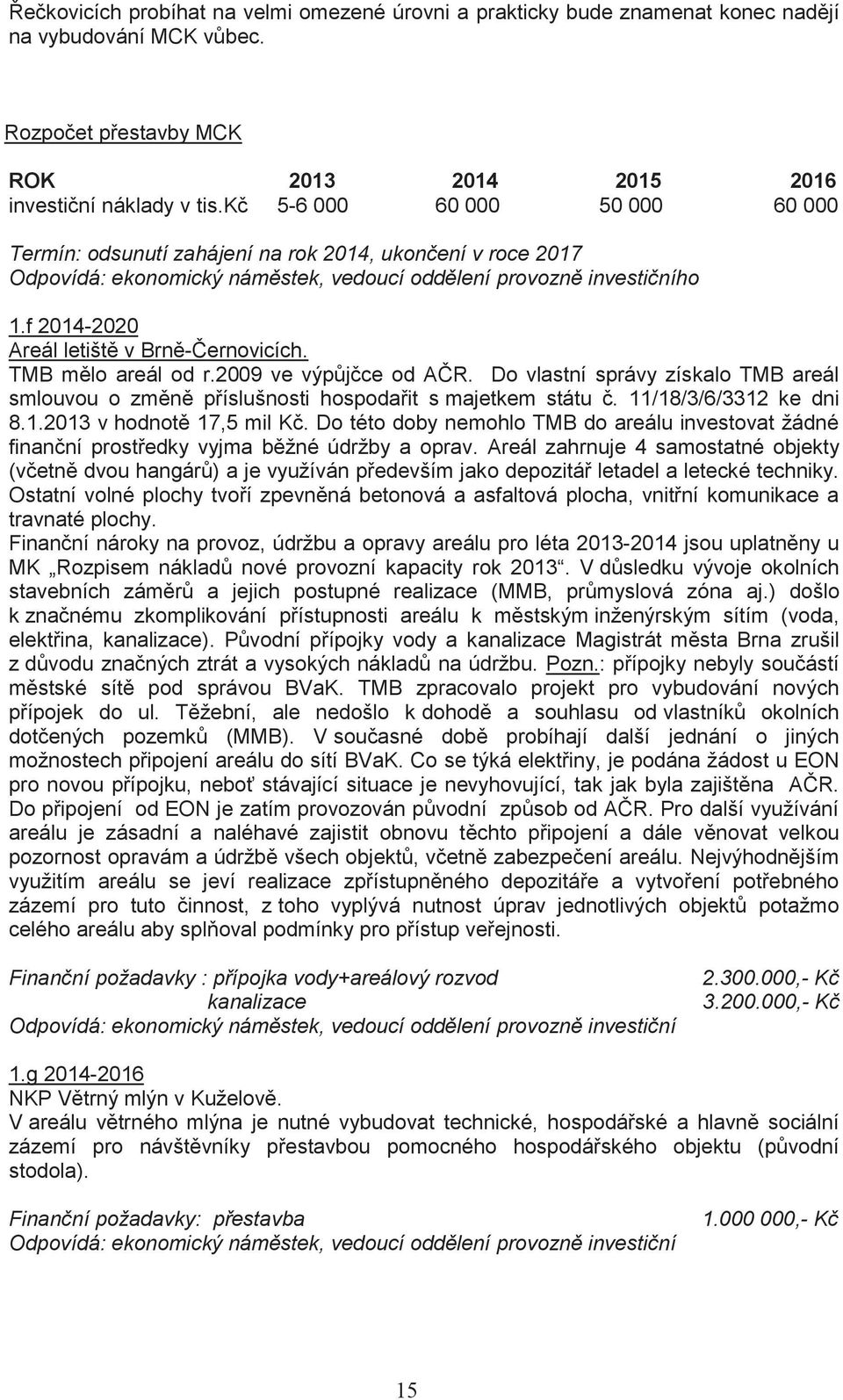 f 2014-2020 Areál letiště v Brně-Černovicích. TMB mělo areál od r.2009 ve výpůjčce od AČR. Do vlastní správy získalo TMB areál smlouvou o změně příslušnosti hospodařit s majetkem státu č.