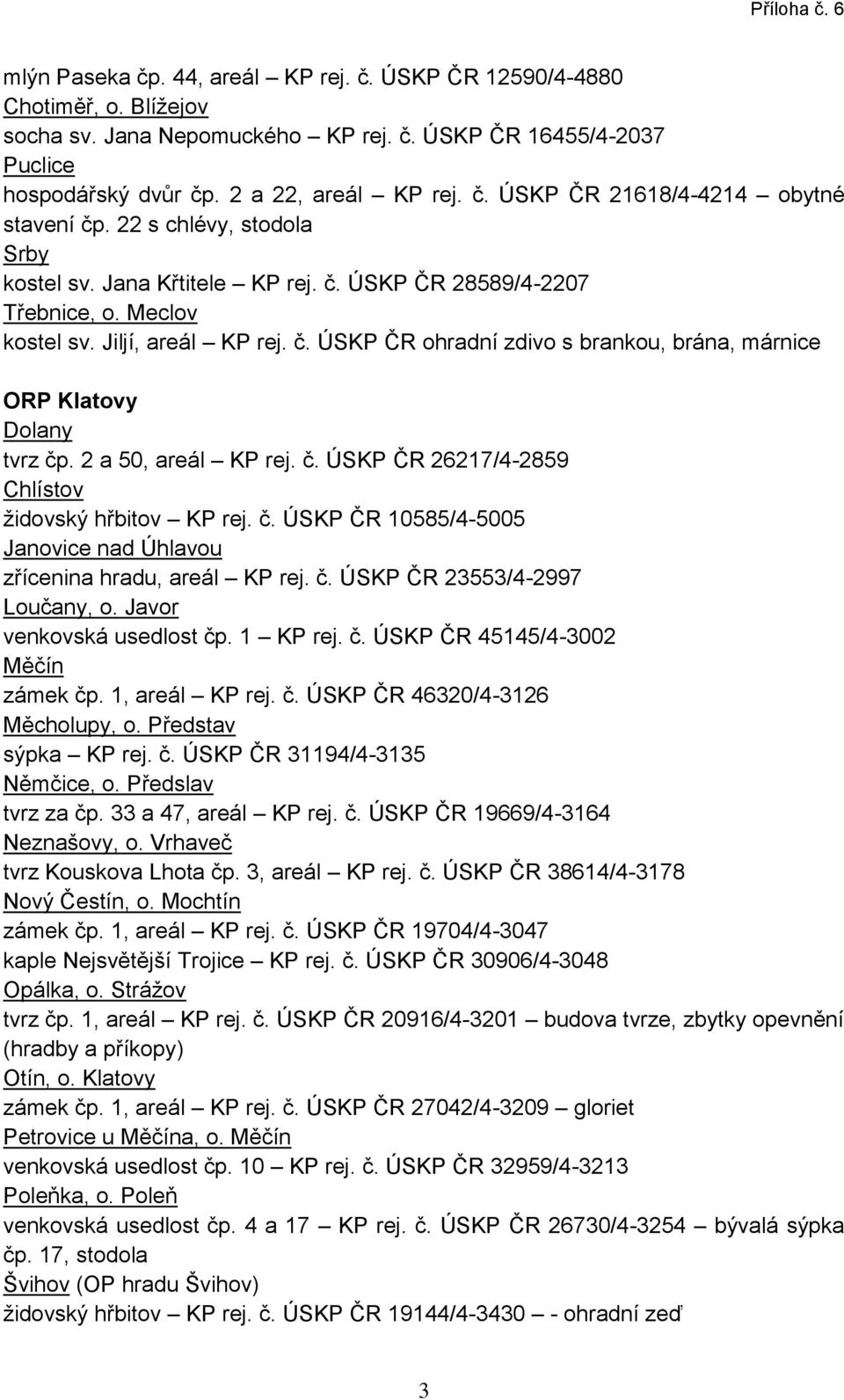 2 a 50, areál KP rej. č. ÚSKP ČR 26217/4-2859 Chlístov židovský hřbitov KP rej. č. ÚSKP ČR 10585/4-5005 Janovice nad Úhlavou zřícenina hradu, areál KP rej. č. ÚSKP ČR 23553/4-2997 Loučany, o.