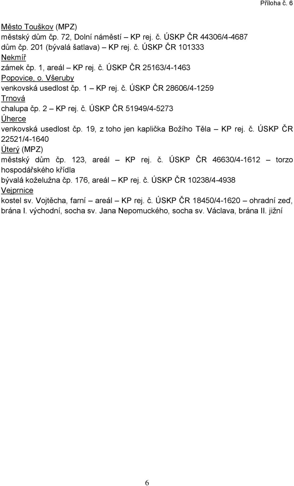 č. ÚSKP ČR 22521/4-1640 Úterý (MPZ) městský dům čp. 123, areál KP rej. č. ÚSKP ČR 46630/4-1612 torzo hospodářského křídla bývalá koželužna čp. 176, areál KP rej. č. ÚSKP ČR 10238/4-4938 Vejprnice kostel sv.