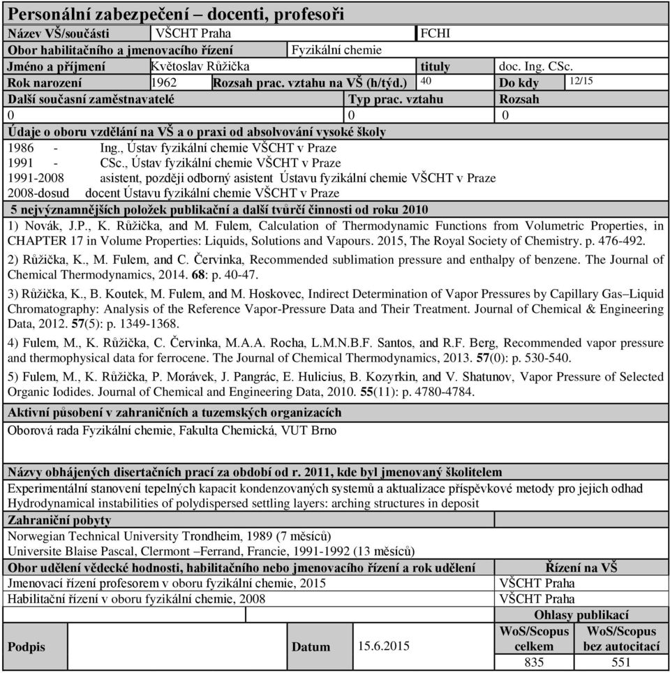 , VŠCHT v Praze 1991-2008 asistent, později odborný asistent Ústavu fyzikální chemie VŠCHT v Praze 2008-dosud docent Ústavu fyzikální chemie VŠCHT v Praze 1) Novák, J.P., K. Růžička, and M.