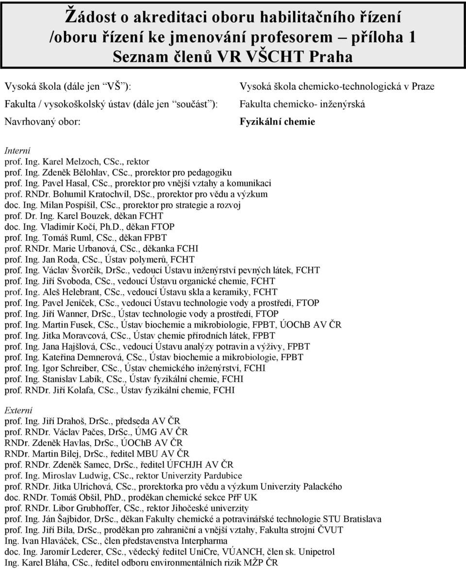 , prorektor pro pedagogiku prof. Ing. Pavel Hasal, CSc., prorektor pro vnější vztahy a komunikaci prof. RNDr. Bohumil Kratochvíl, DSc., prorektor pro vědu a výzkum doc. Ing. Milan Pospíšil, CSc.