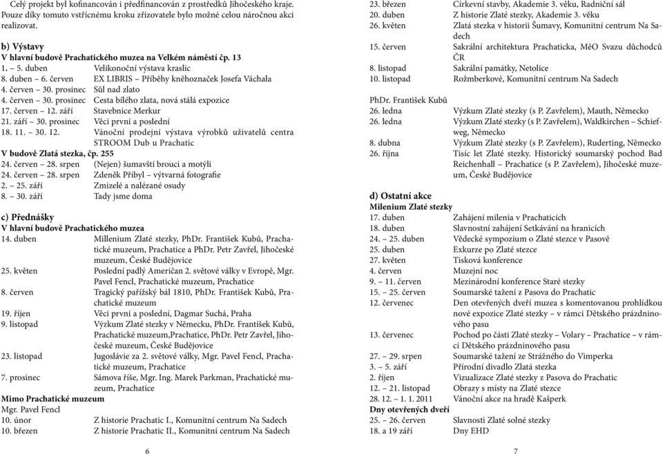 prosinec Sůl nad zlato 4. červen 30. prosinec Cesta bílého zlata, nová stálá expozice 17. červen 12. září Stavebnice Merkur 21. září 30. prosinec Věci první a poslední 18. 11. 30. 12. Vánoční prodejní výstava výrobků uživatelů centra STROOM Dub u Prachatic V budově Zlatá stezka, čp.