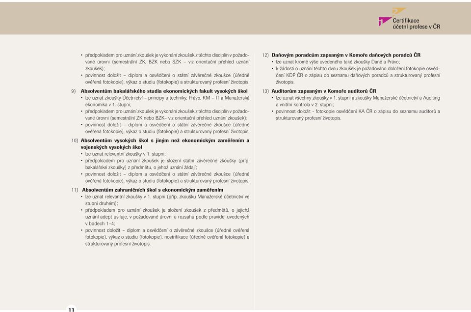 9) Absolventům baalářsého studia eonomicých fault vysoých šol lze uznat zoušy Účetnictví principy a techniy, Právo, KM IT a Manažersá eonomia v 1.