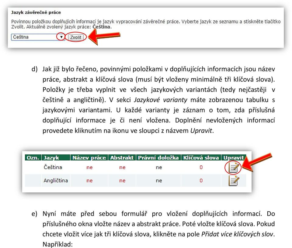 U každé varianty je záznam o tom, zda příslušná doplňující informace je či není vložena. Doplnění nevložených informací provedete kliknutím na ikonu ve sloupci z názvem Upravit.