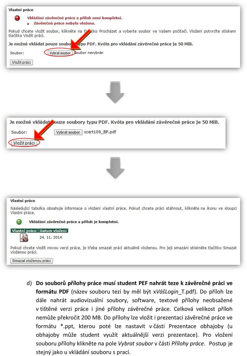 Celková velikost příloh nemůže překročit 200 MB. Do přílohy lze vložit i prezentaci závěrečné práce ve formátu *.