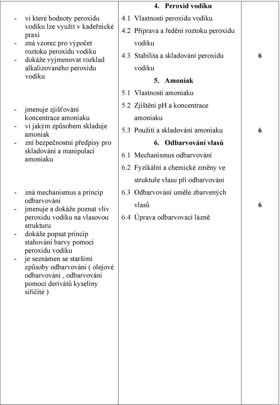 peroxidu vodíku na vlasovou strukturu - dokáže popsat princip stahování barvy pomocí peroxidu vodíku - je seznámen se staršími způsoby odbarvování ( olejové odbarvování, odbarvování pomocí derivátů