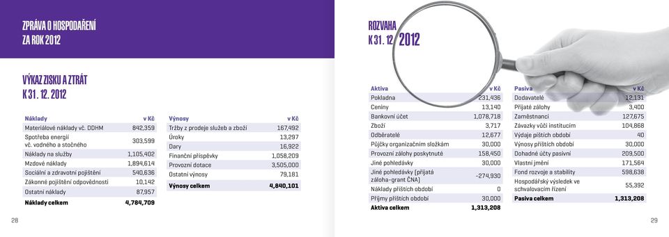 4,784,709 Výnosy v Kč Tržby z prodeje služeb a zboží 167,492 Úroky 13,297 Dary 16,922 Finanční příspěvky 1,058,209 Provozní dotace 3,505,000 Ostatní výnosy 79,181 Výnosy celkem 4,840,101 Aktiva v Kč