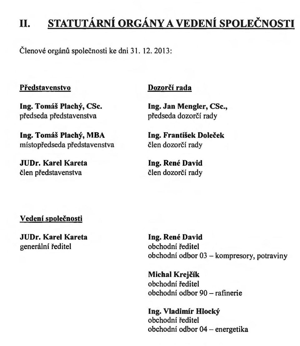 Frantisck Dolccck clen dozorci rady Ing. Rene David clen dozorci rady Vedeni spolecnosti JUDr. Karcl Kareta generalni reditel Ing.