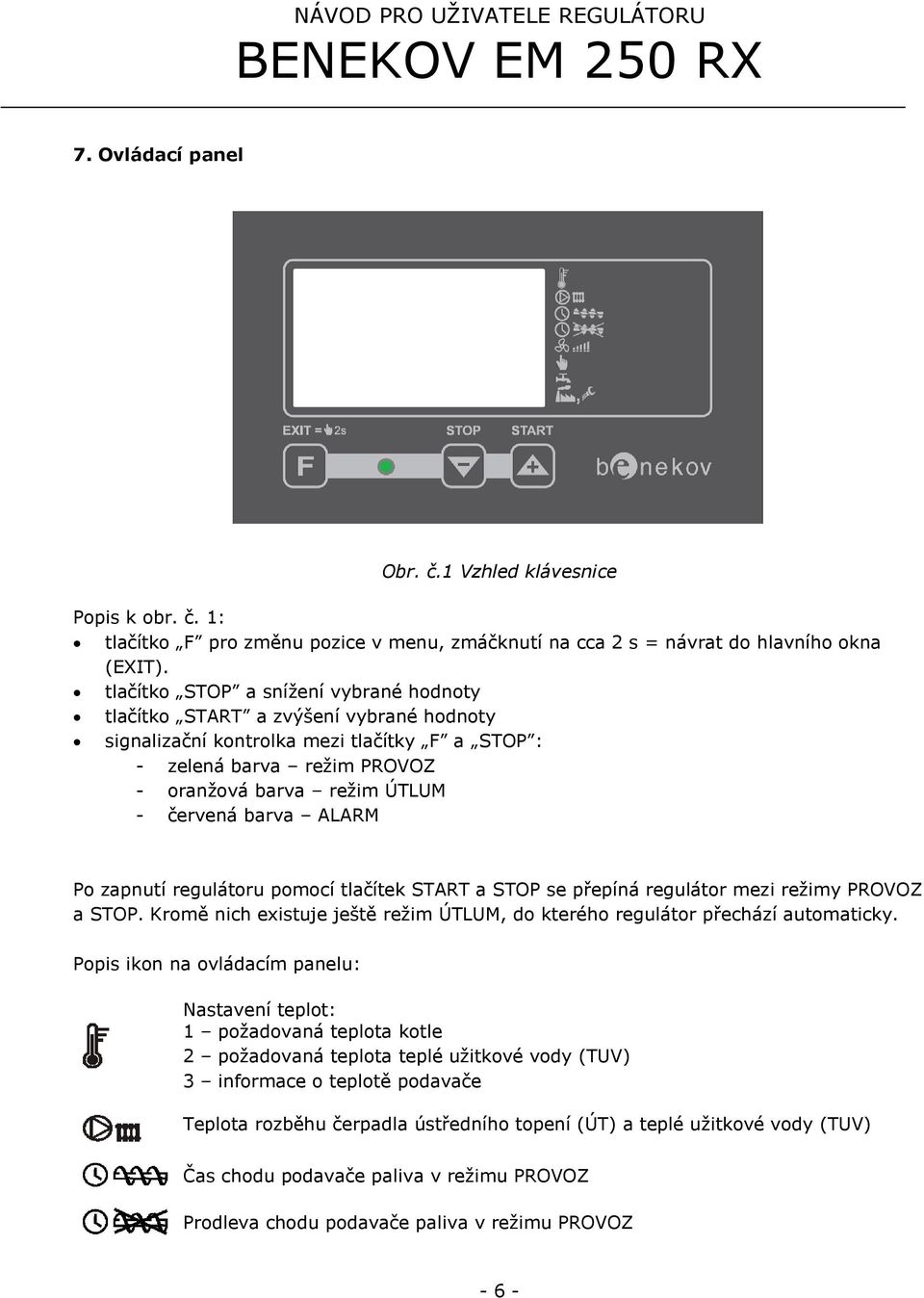 barva ALARM Po zapnutí regulátoru pomocí tlačítek START a STOP se přepíná regulátor mezi režimy PROVOZ a STOP. Kromě nich existuje ještě režim ÚTLUM, do kterého regulátor přechází automaticky.