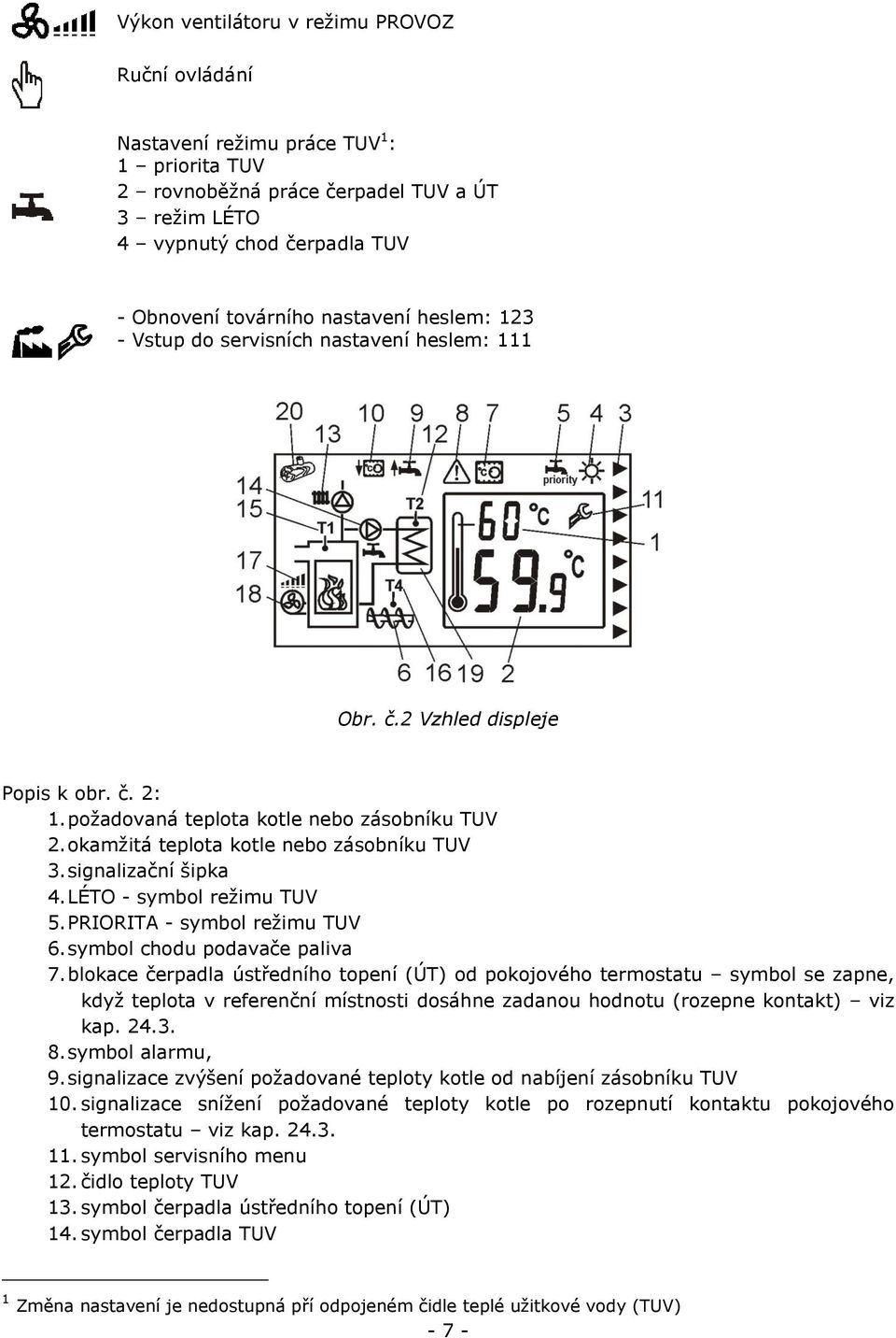 okamžitá teplota kotle nebo zásobníku TUV 3. signalizační šipka 4. LÉTO - symbol režimu TUV 5. PRIORITA - symbol režimu TUV 6. symbol chodu podavače paliva 7.