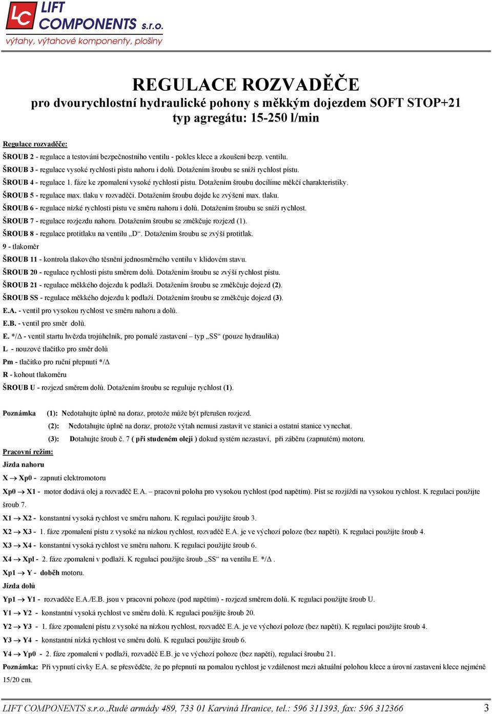 Dotažením šroubu docílíme m k í charakteristiky. ŠROUB 5 - regulace max. tlaku v rozvad i. Dotažením šroubu dojde ke zvýšení max. tlaku. ŠROUB 6 - regulace nízké rychlosti pístu ve sm ru nahoru i dol.