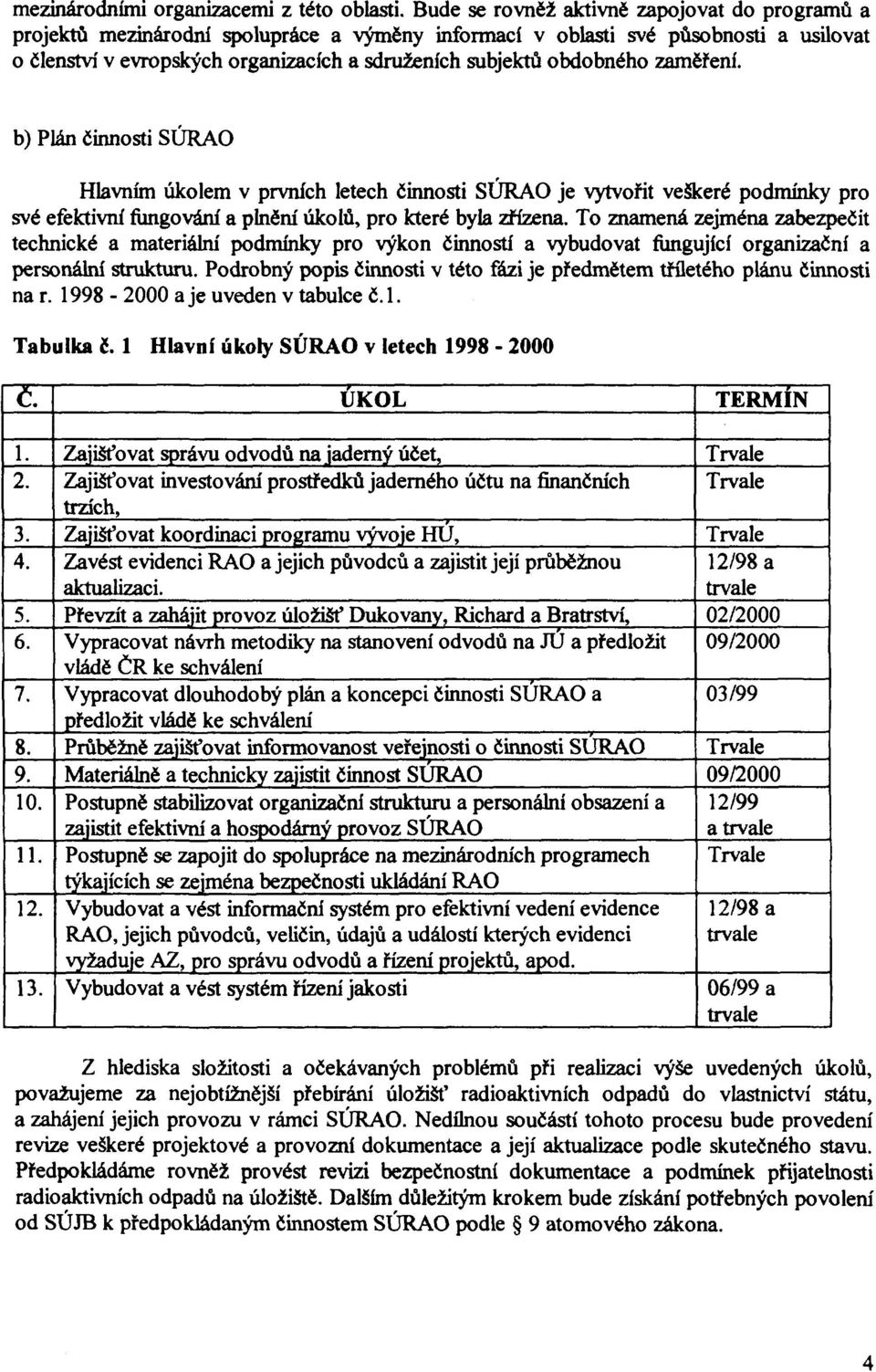obdobného zaměření. b) Plán činnosti SÚRAO Hlavním úkolem v prvních letech činnosti SÚRAO je vytvořit veškeré podmínky pro své efektivní fungování a plnění úkolů, pro které byla zřízena.